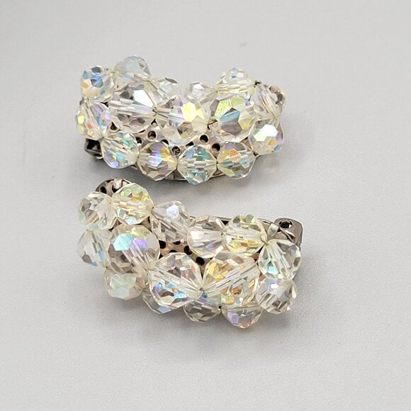 Vintage AB Aurora Borealis Crystal Curved Clip On Earrings 1940s - Picture 3 of 6